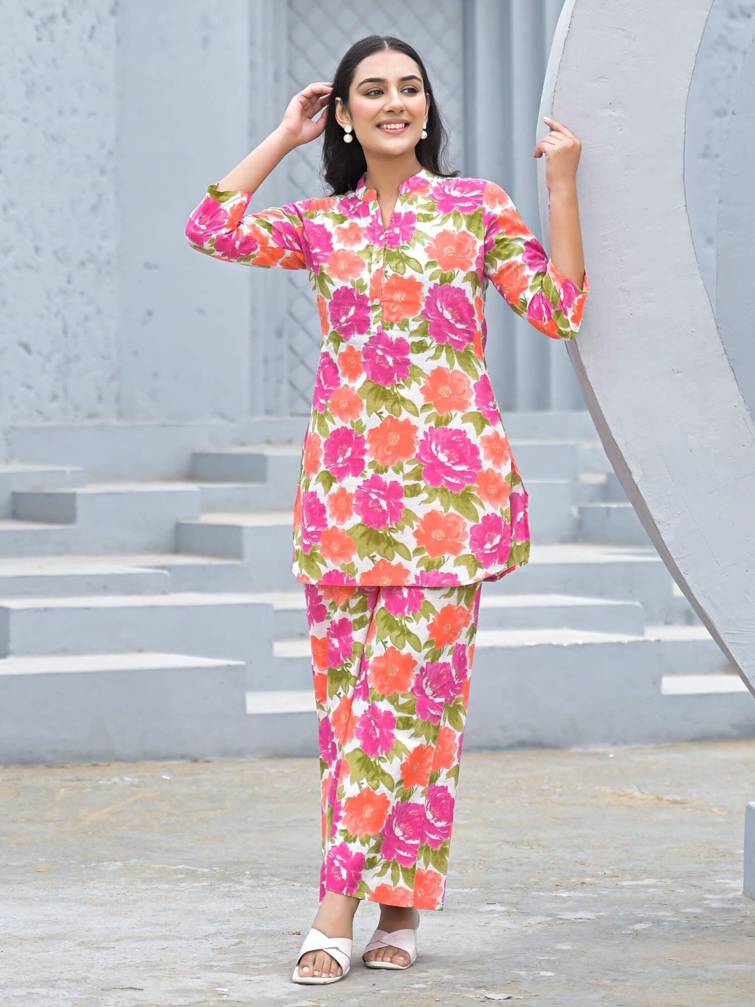 

SHIFORY Floral Printed Shirt Collar Pure Cotton Tunic With Palazzo, White