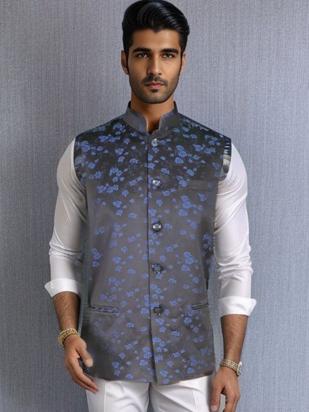 

Blacksmith Woven Design Nehru Jacket, Blue