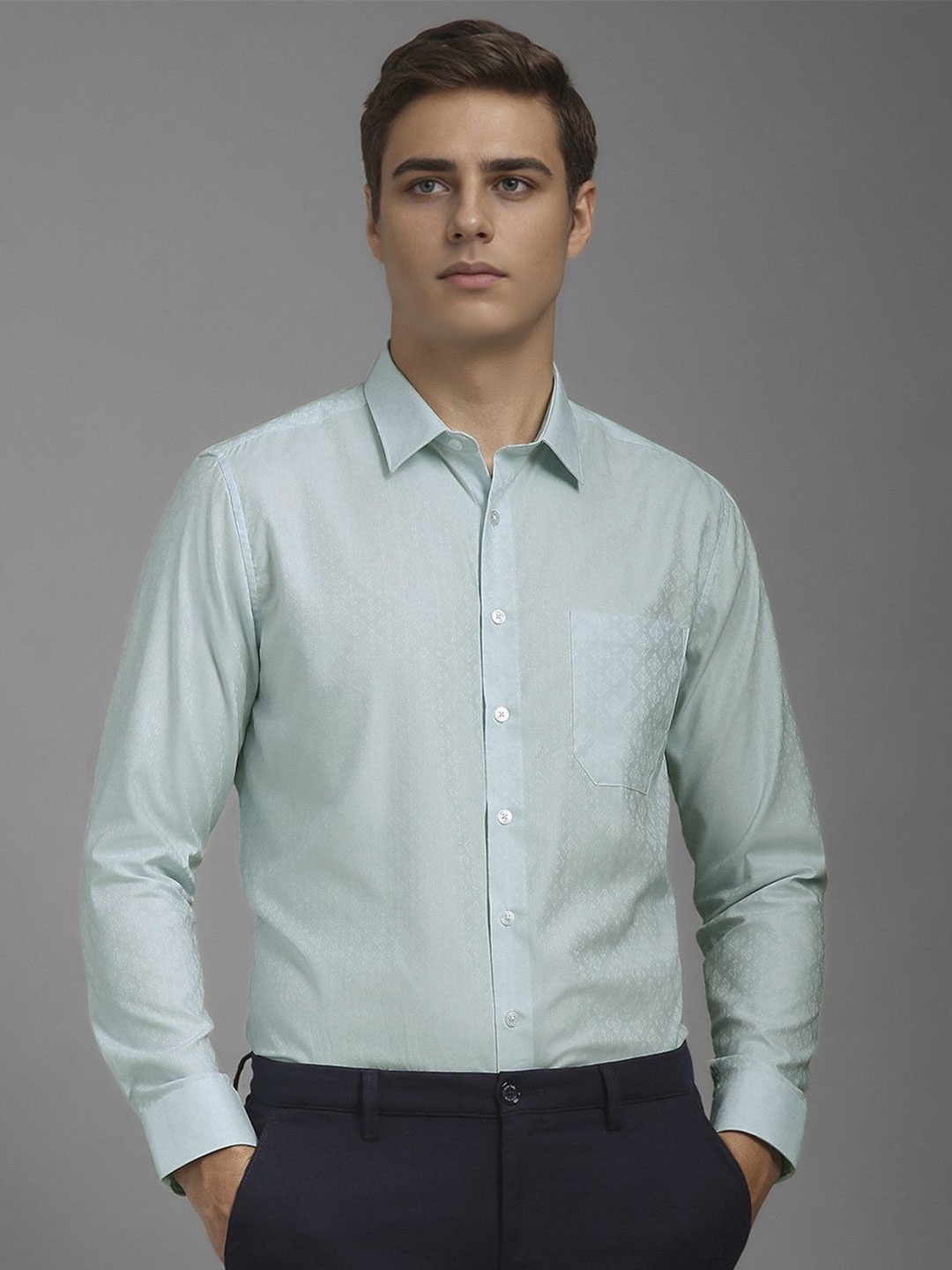 

Louis Philippe Men Slim Fit Spread Collar Textured Cotton Formal Shirt, Turquoise blue