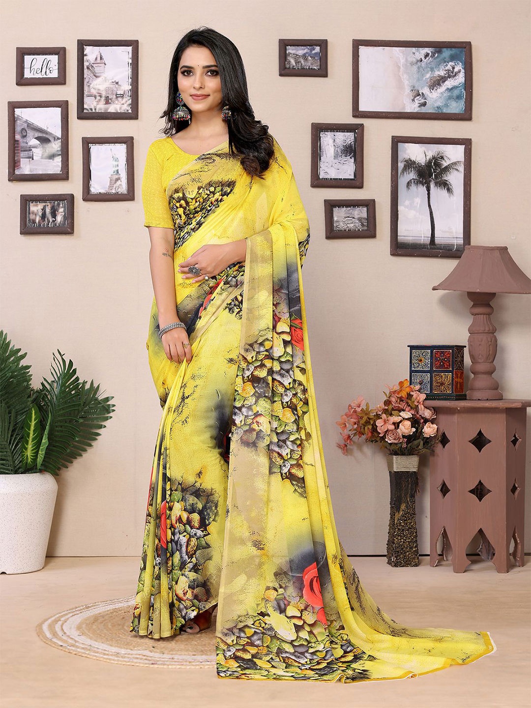

Moda Rapido Floral Printed Saree, Yellow