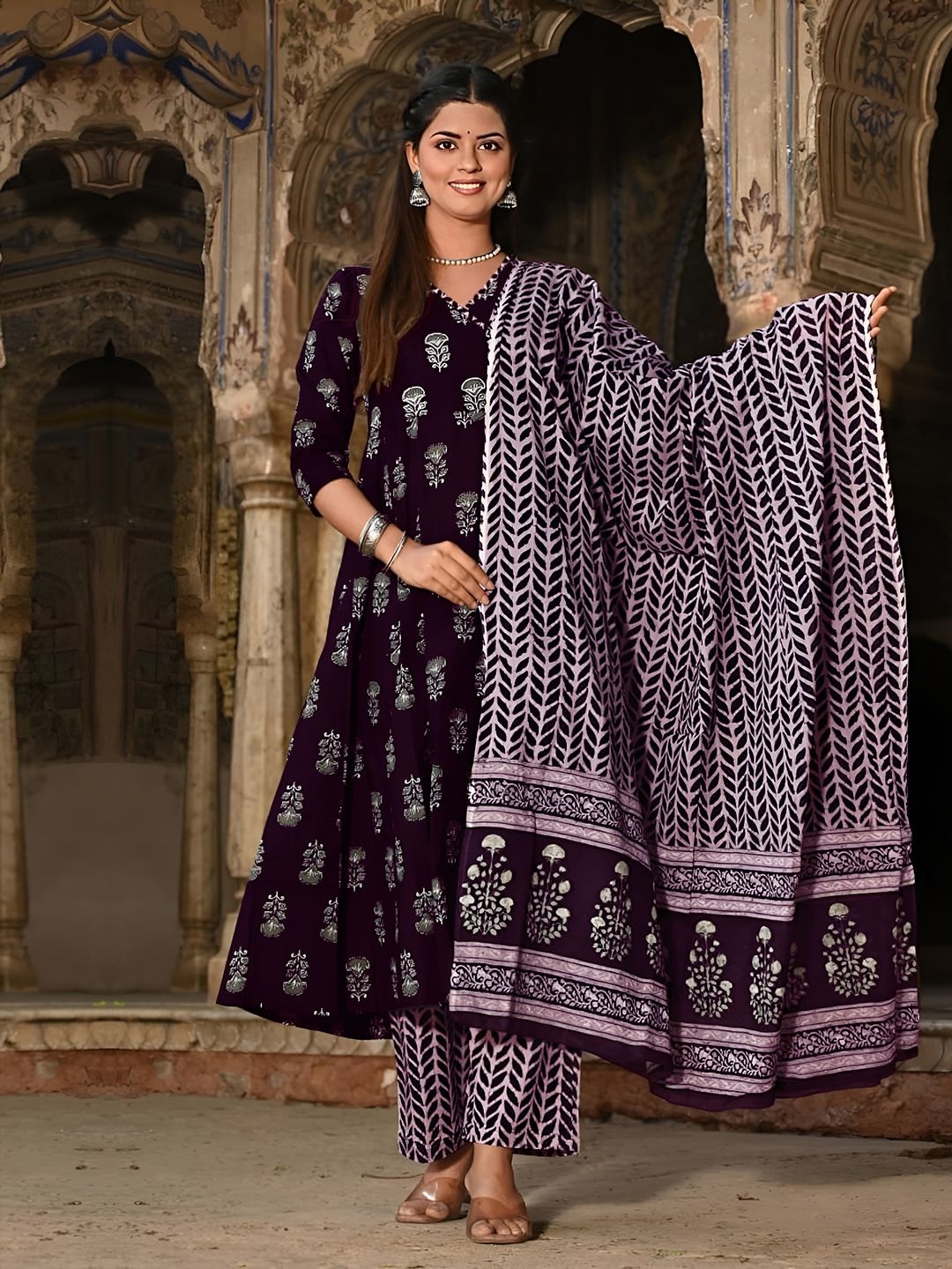 

Moda Rapido Floral Printed V-Neck Empire Anarkali Kurta With Trouser & Dupatta, Purple