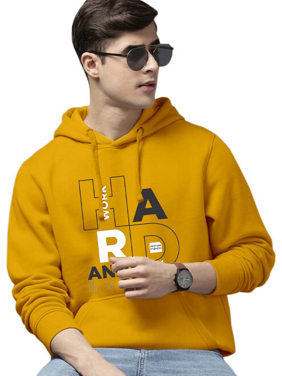 

WOOSTRO Men Printed Hooded Pullover Sweatshirt, Mustard