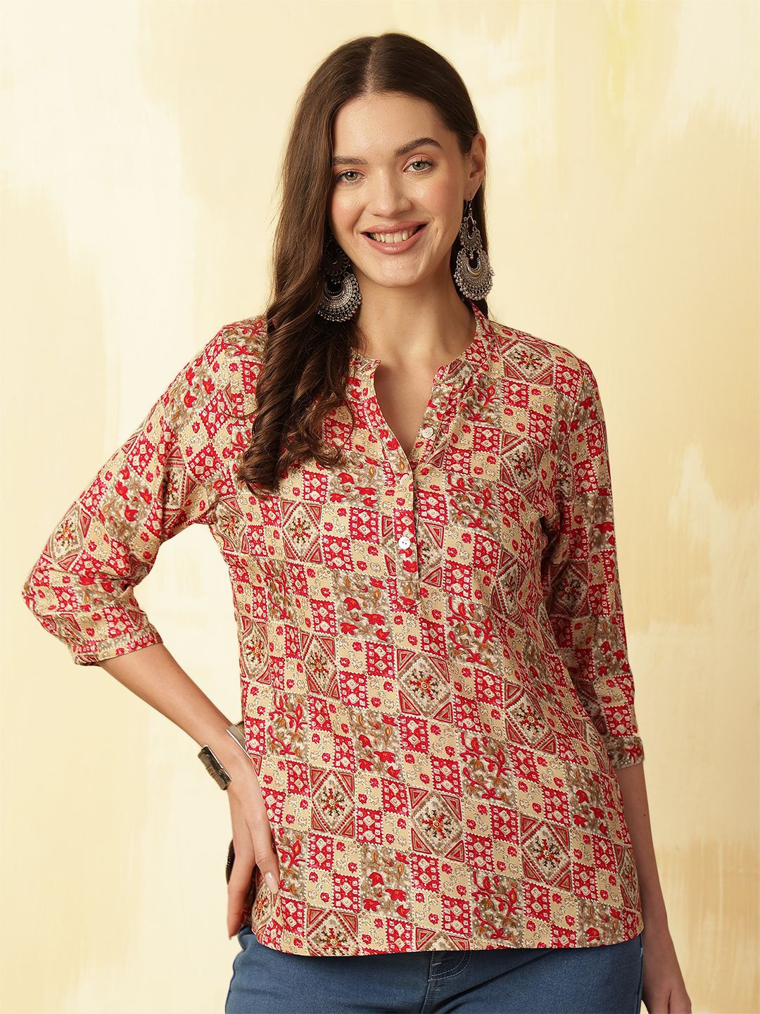 

Anouk Women Floral Printed Mandarin Collar Shirt Style Top, Red