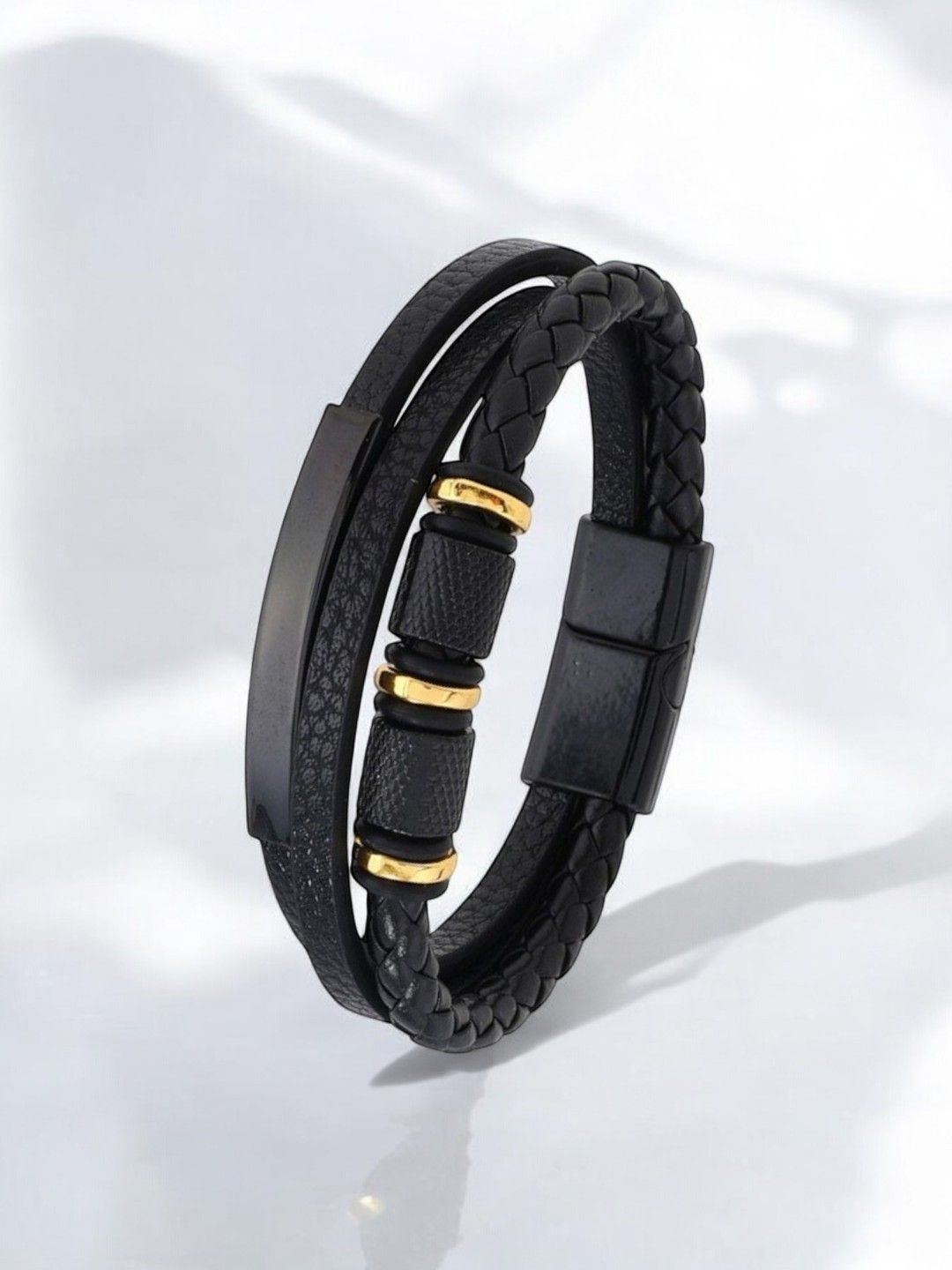 

Designs & You Men Leather Gold-Plated Multi Layered Wraparound Bracelet, Black