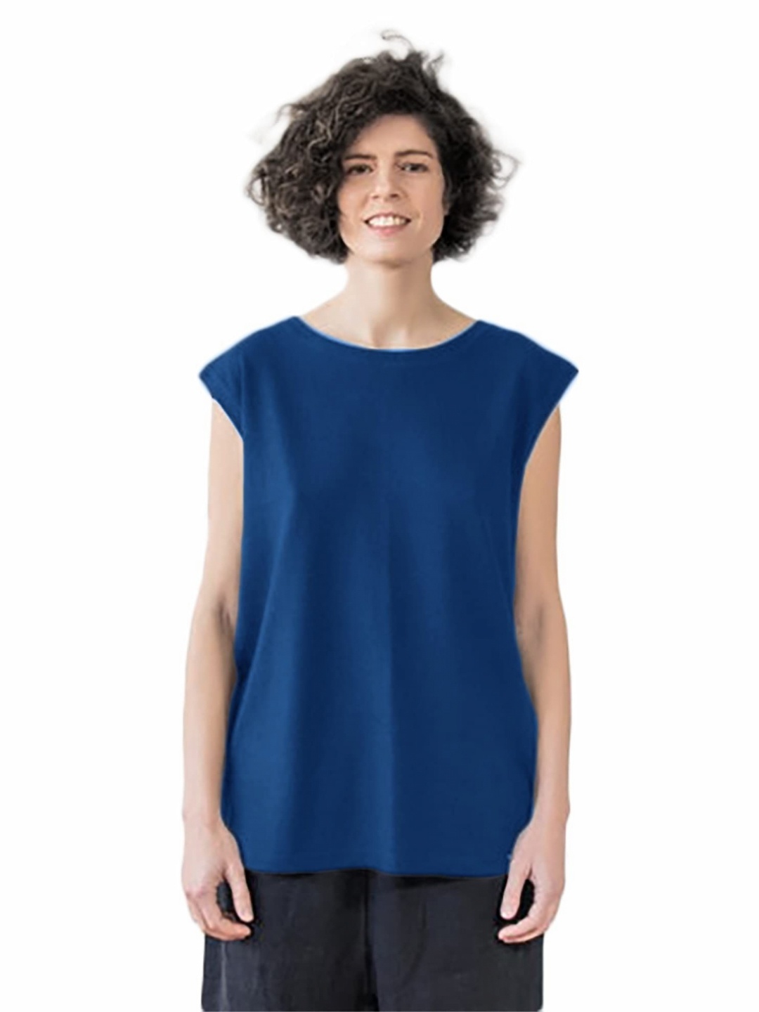 

NOTWILD Women Solid Round Neck Cotton T-shirt, Blue