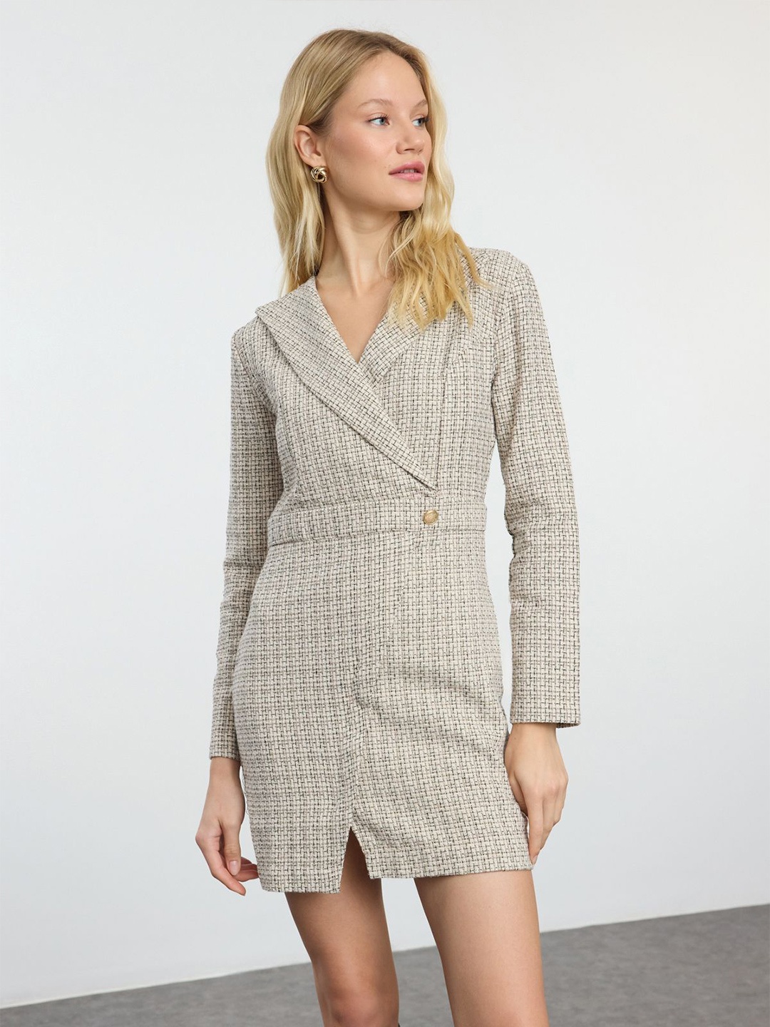 

Trendyol V-Neck Long Sleeves Checked Pure Cotton Wrap Mini Dress, Beige