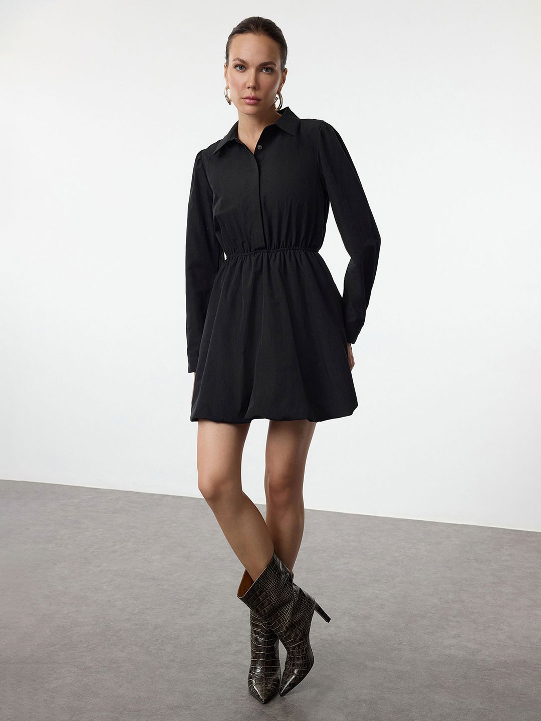 

Trendyol Women Shirt Collar Fit & Flare Mini Dress, Black