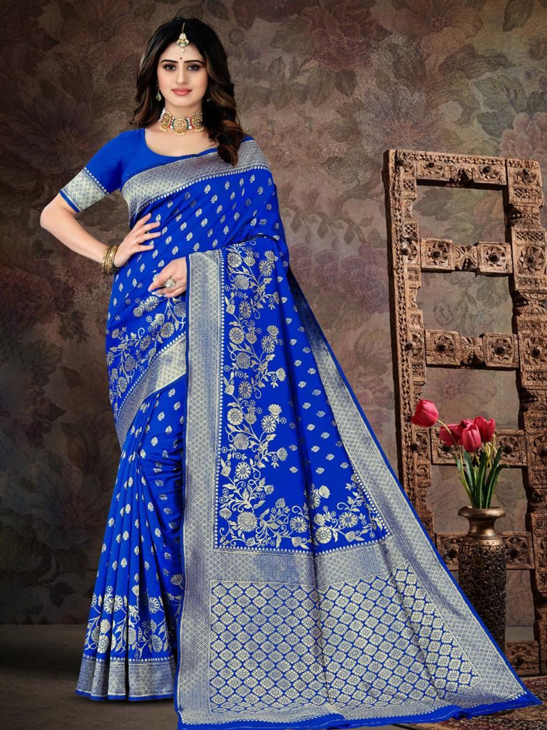 

F FASHION Woven Design Zari Banarasi Saree, Blue