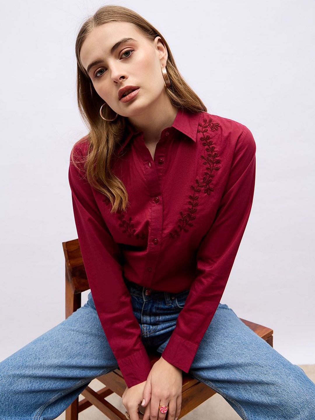 

Styli Women Spread Collar Floral Printed Cotton Casual Shirt, Burgundy