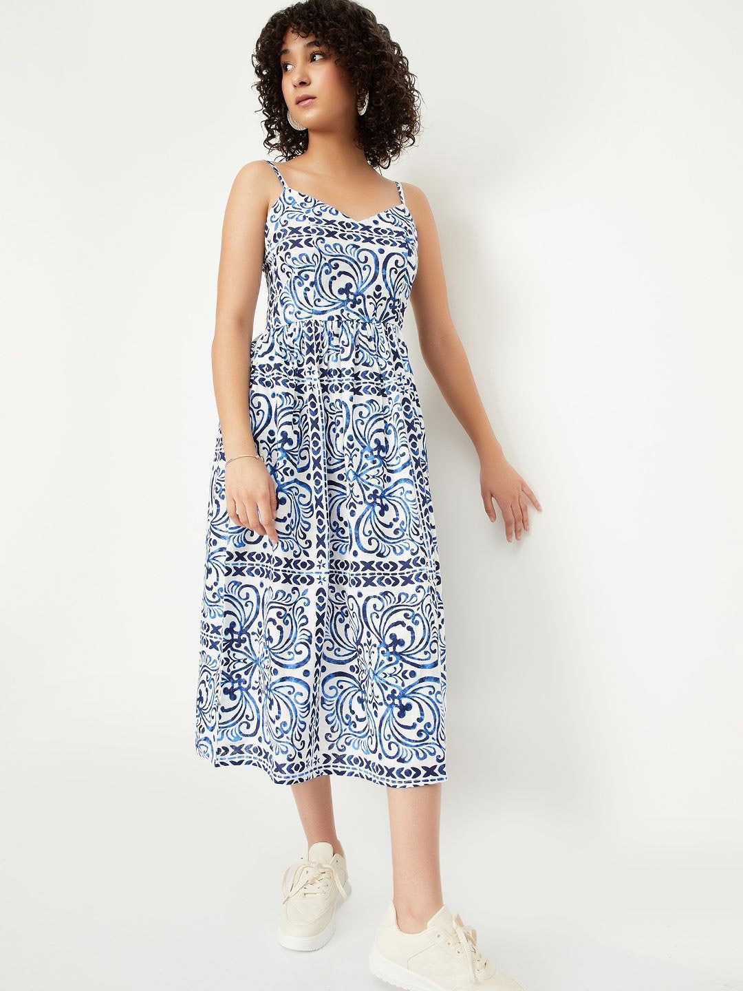 

max Women Floral Printed Cotton Fit & Flare Dress, Blue
