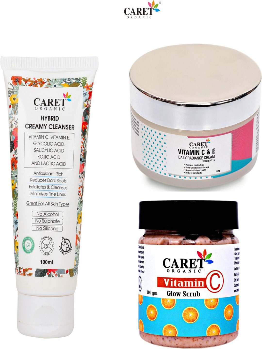 

CARET ORGANIC Set Of 3 Cleanser- 100 g - Daily Radiance Cream- 50 g & Scrub- 100 g, Multi