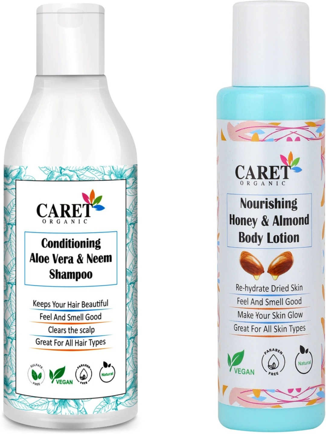 

CARET ORGANIC Set Of 2 Aloevera & Neem Shampoo -300ml & Honey Almond Body Lotion- 100ml, White