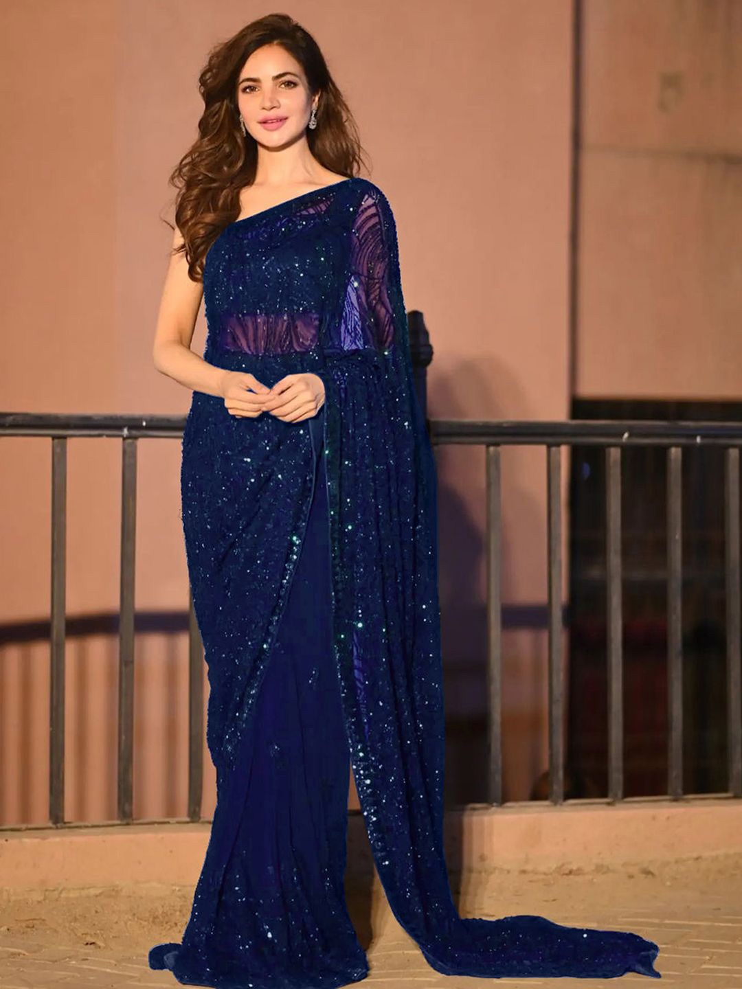 

Sangria Embellished Sequinned Party Wear Saree With Blouse Piece, Navy blue