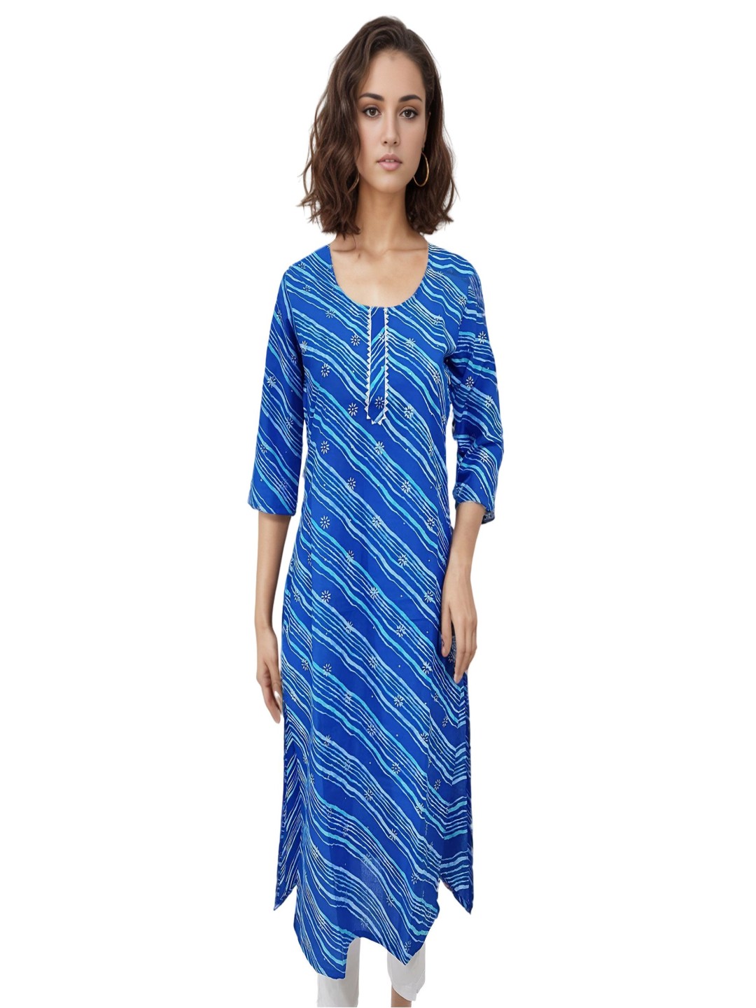 

RAYINVENT Ethnic Motifs Printed Round Neck Gotta Patti Pure Cotton Straight Kurtas, Blue