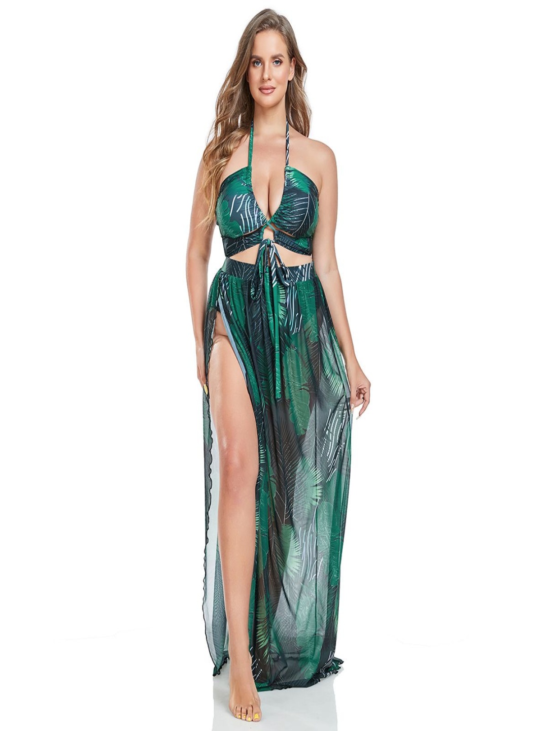 

Plus Curvves Women Plus Size Printed Halter Neck Swim Suit, Green