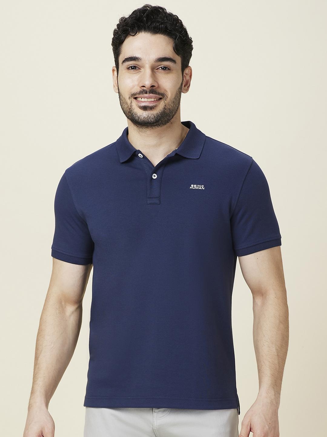 

Being Human Men Solid Polo Collar Cotton Slim Fit T-shirt, Navy blue