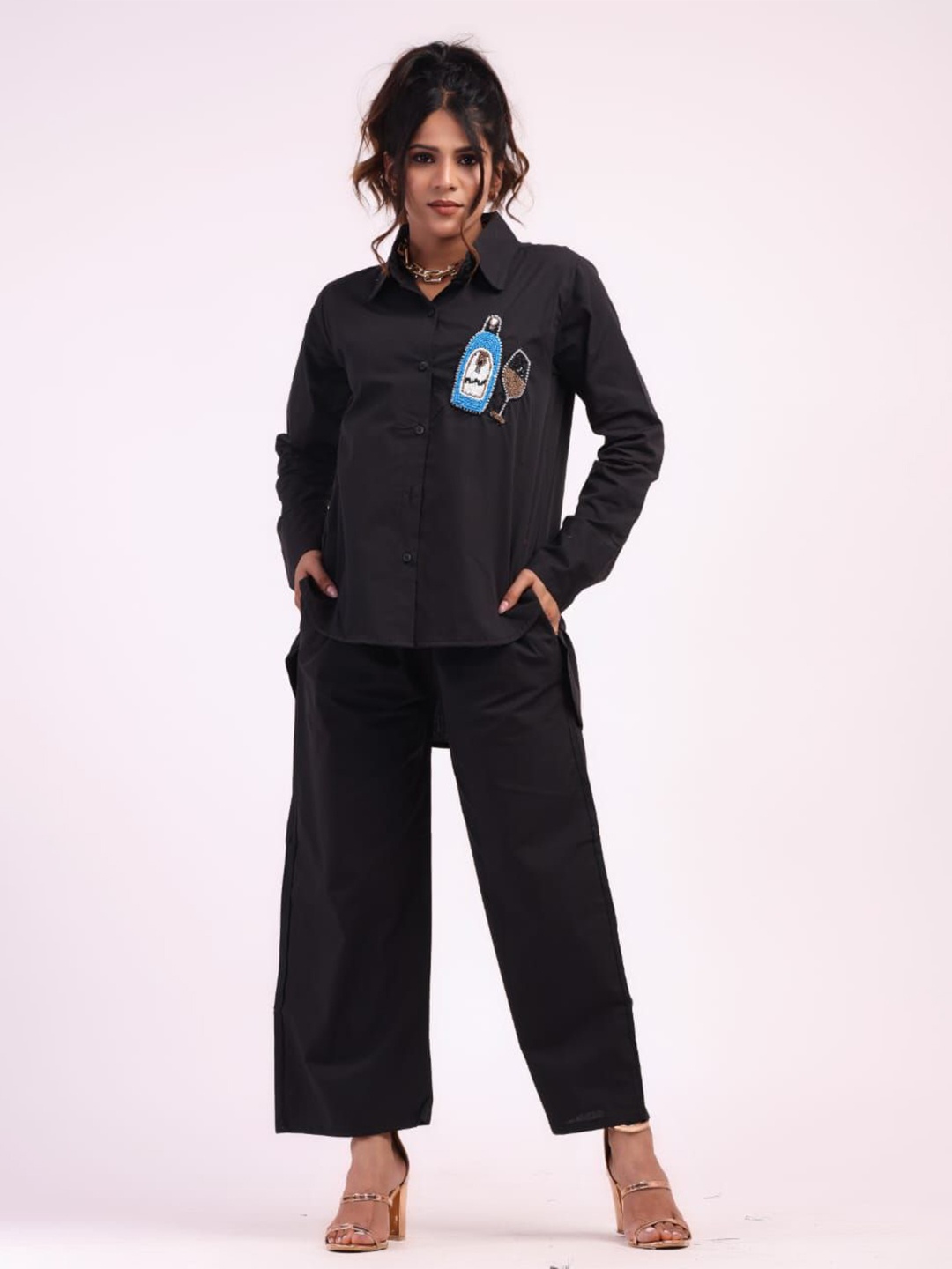 

HIGH BUY Long Sleeves Pure Cotton Shirt With Trousers, Black