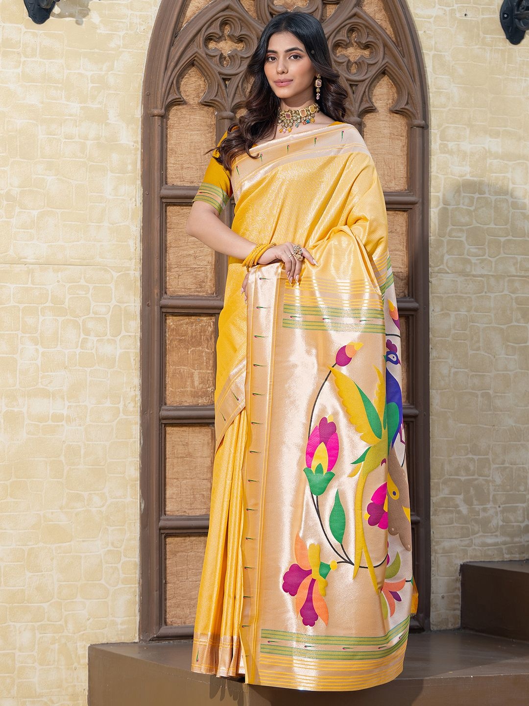 

Satrani Woven Design Zari Paithani Saree, Yellow