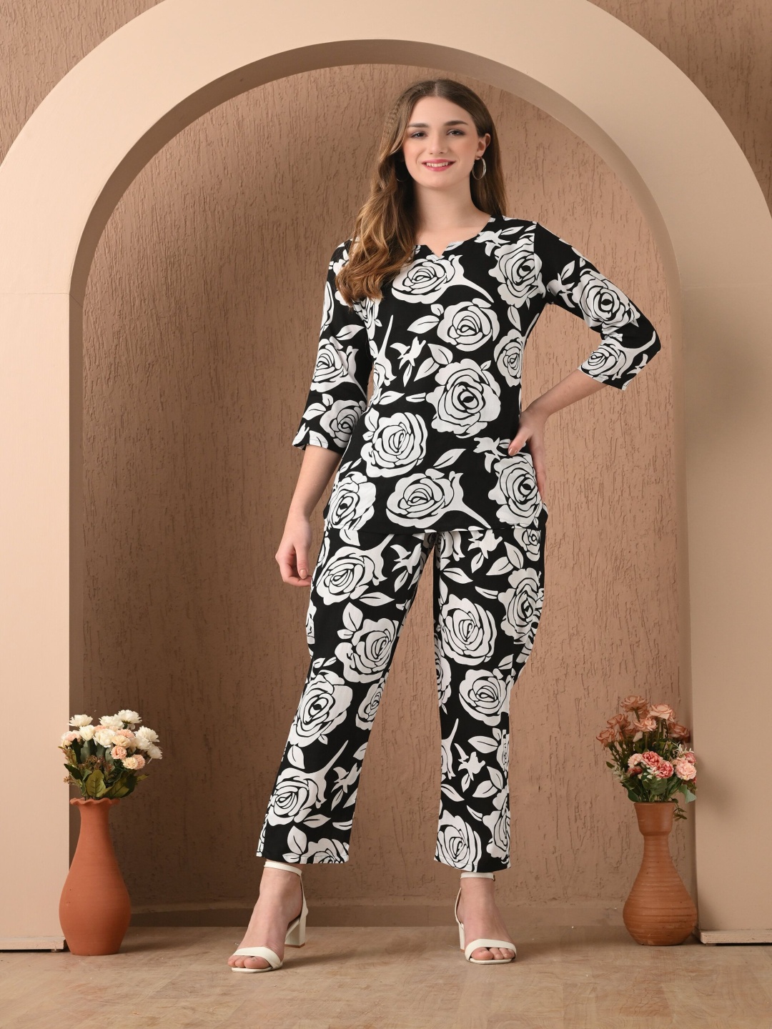 

Bhoolft Printed Pure Cotton Round Neck Top With Trousers Co-Ords, Black