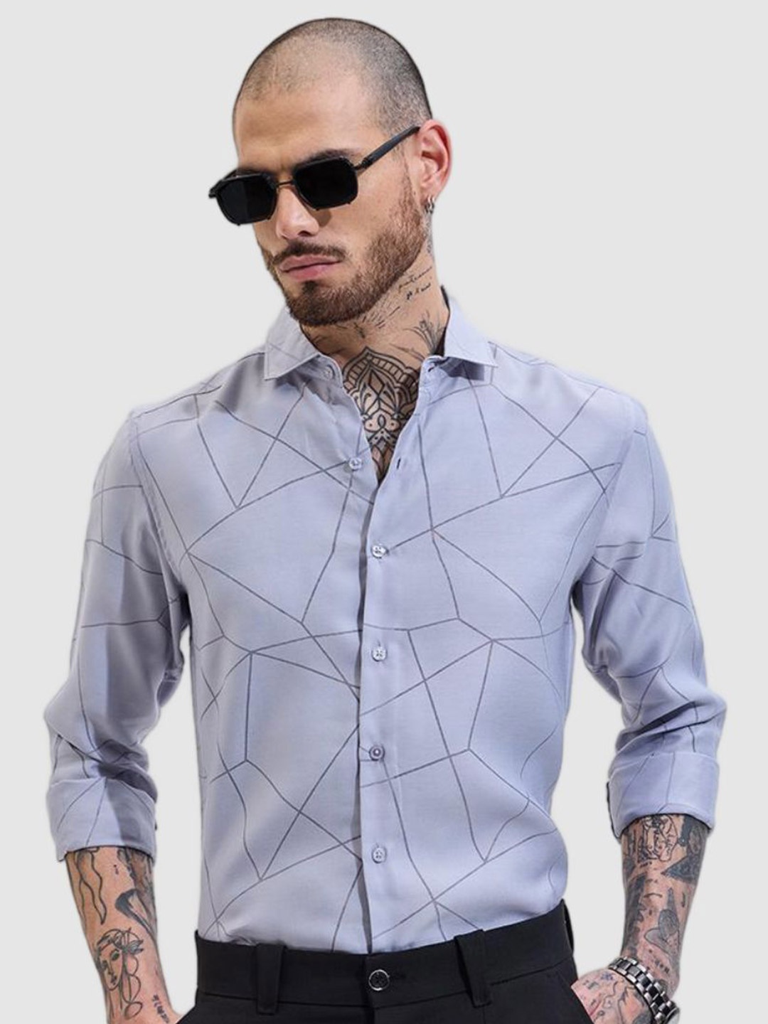 

Snitch Men Smart Slim Fit Spread Collar Geometric Printed Casual Shirt, Blue