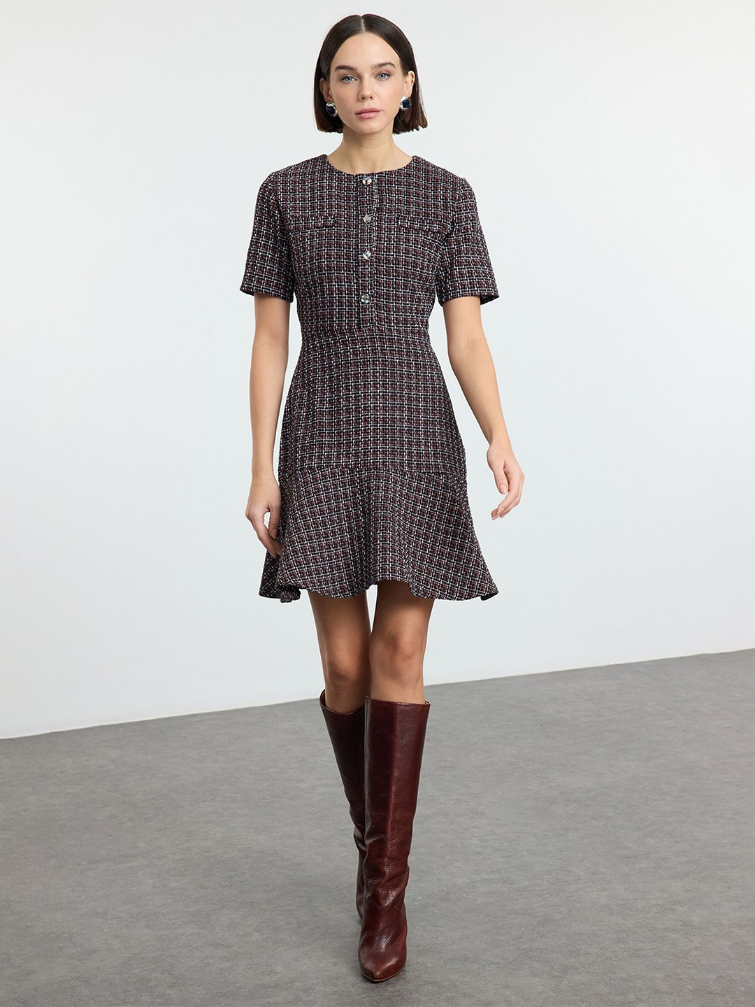 

Trendyol Checked Tie-Up Neck A-Line Dress, Na
