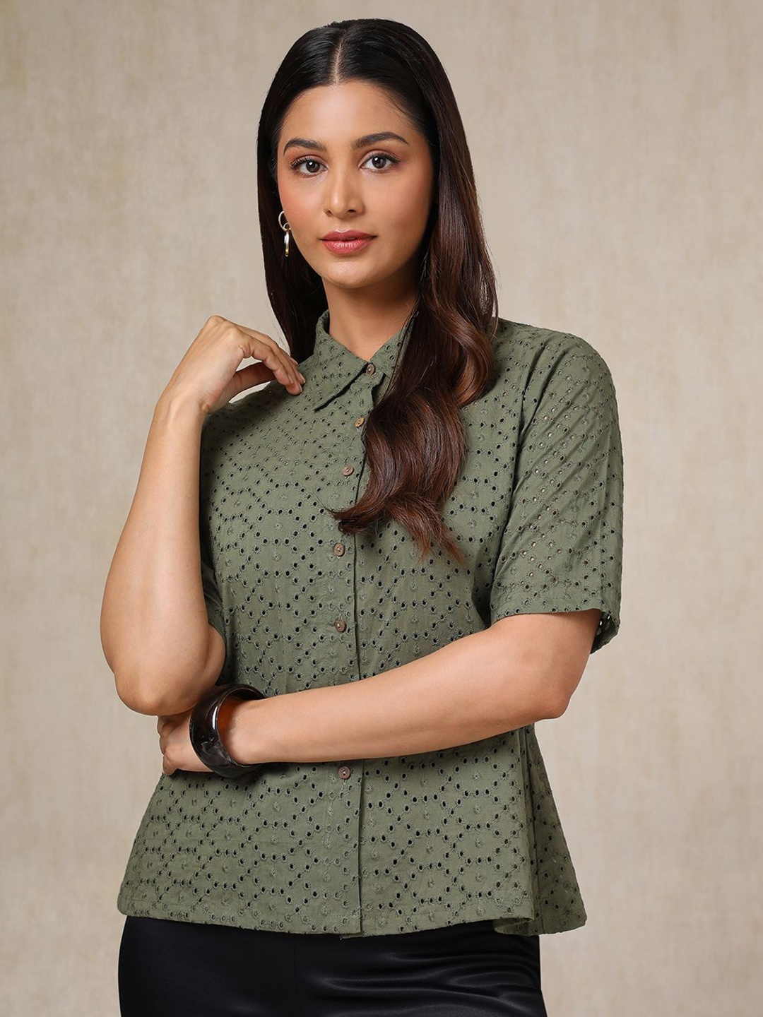 

Soch Schiffli Women Embroidered Casual Shirt, Olive