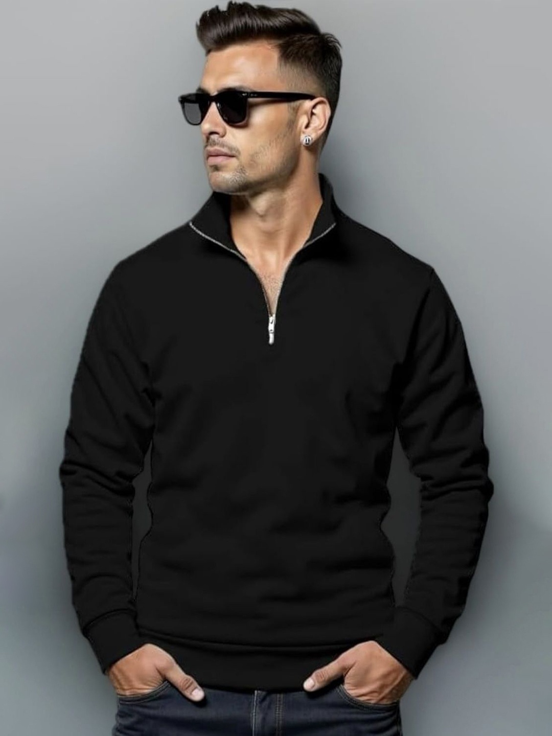 

HILFIRE REGION Men Cotton Half-Zip Sweatshirt, Black