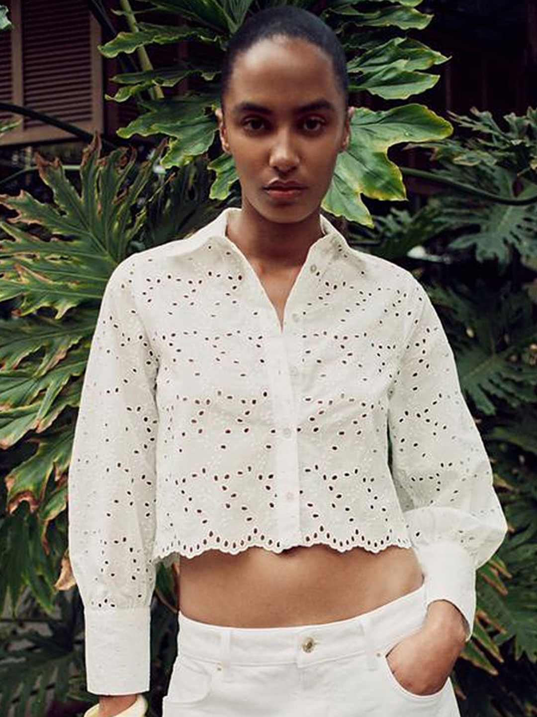

LULU & SKY Women Schiffli Cuffed Sleeves Crop Shirt Style Top, White