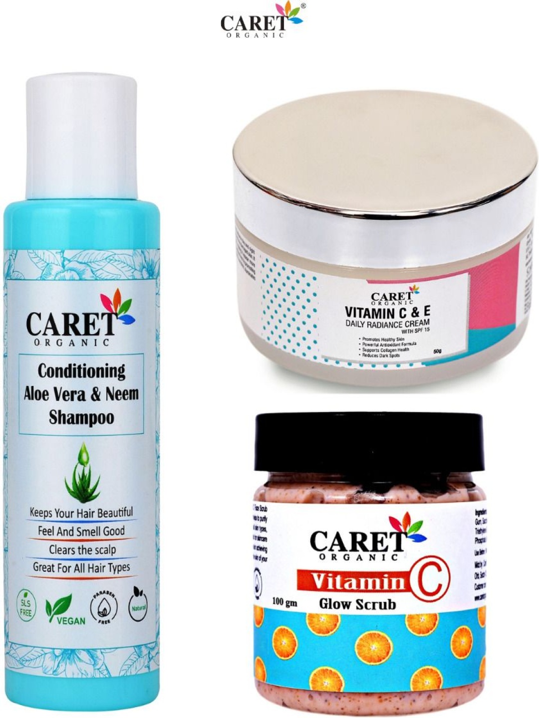 

CARET ORGANIC Set Of 3 Neem Shampoo - 100 ml, Vitamin C Scrub - 100 g & Cream - 50 g, White