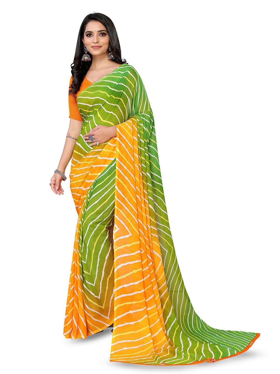 

Moda Rapido Women Striped Saree With Unstiched Blouse Piece, Yellow