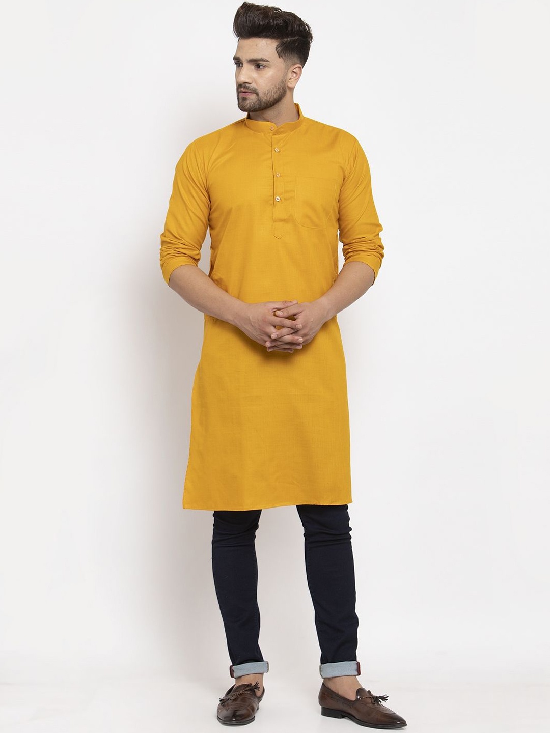 

Kaifoo Band Collar Straight Kurta, Mustard