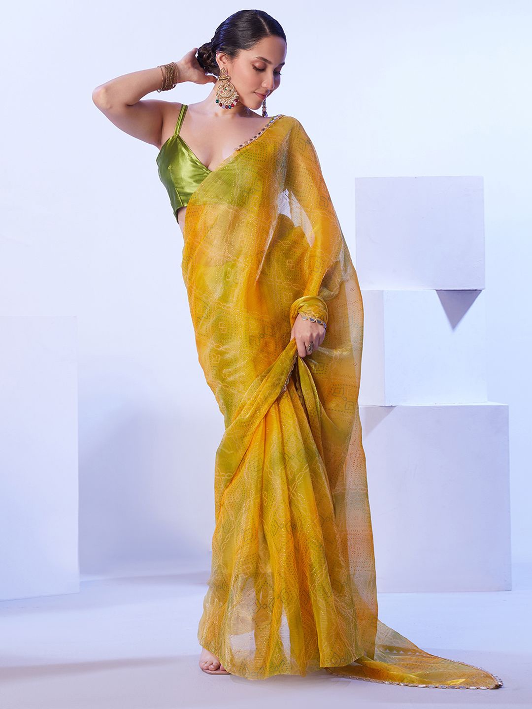 

Kalista Bandhani Printed Mirror Work Organza Bandhani Saree, Yellow