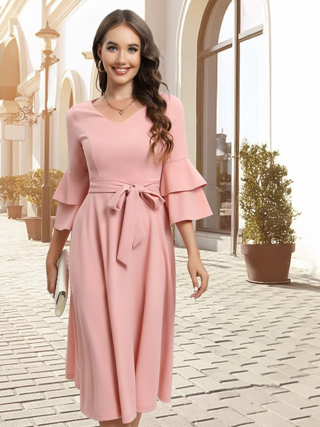 

C4D Plus Size Bell Sleeve Tie-Ups Detail A-Line Dress, Pink