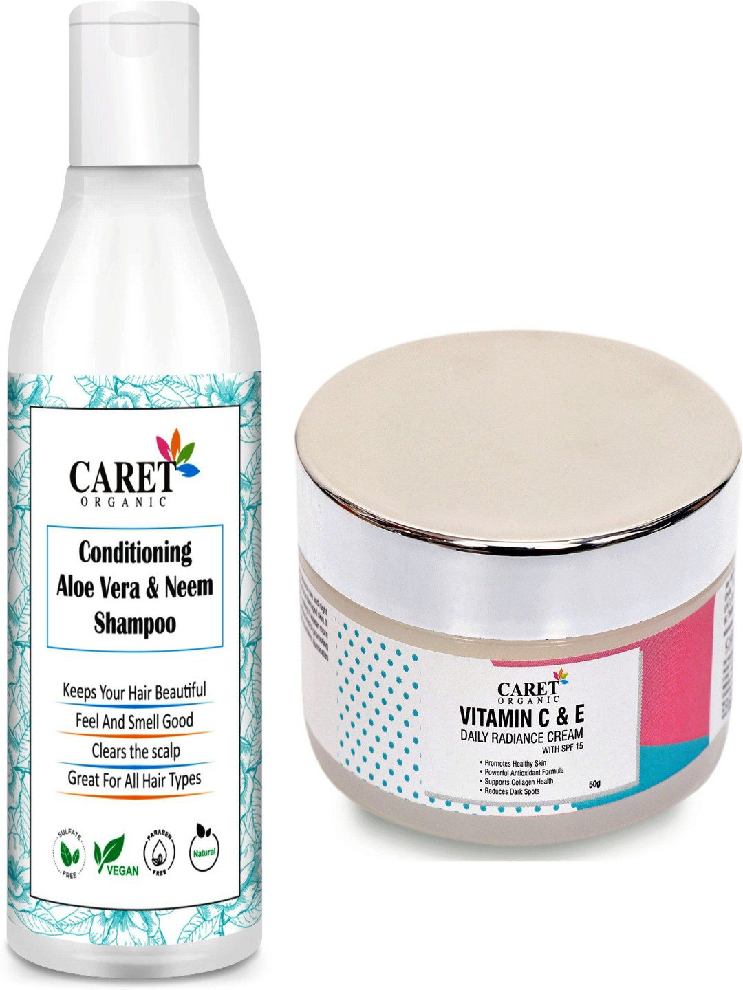 

CARET ORGANIC Set Of 2 Aloevera Neem Shampoo- 250 ml & Daily Radiance Cream-50 g, White