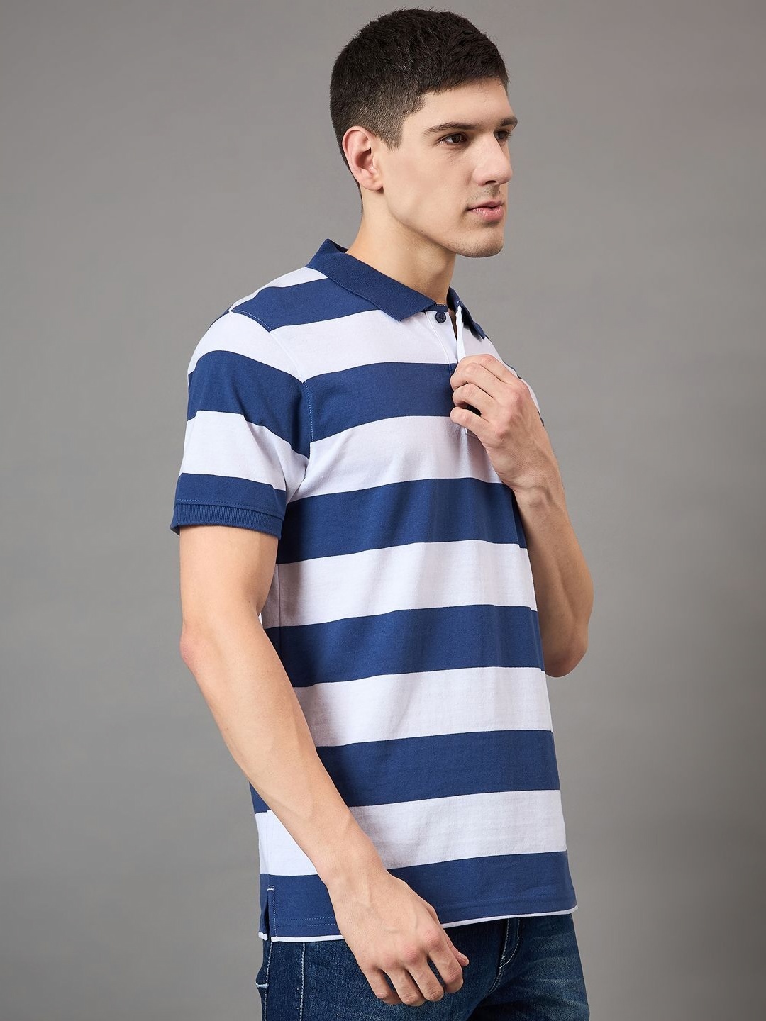 

BRONATION Men Striped Polo Collar Cotton T-shirt, Navy blue