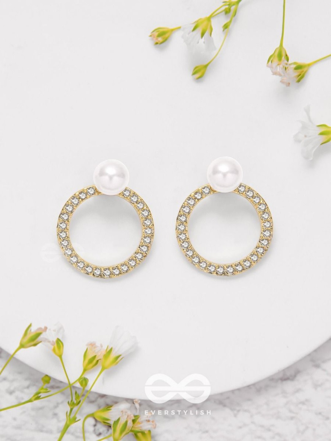 

EVERSTYLISH Polished Pearl Studded Artificial Stones and Beads Circular Drop Earrings, Gold
