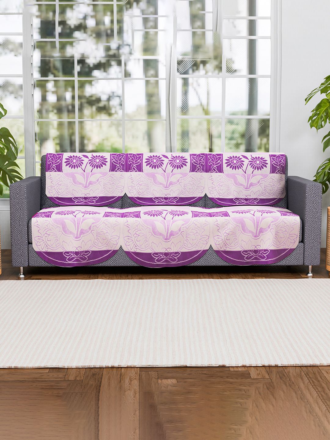 

Kuber Industries Purple & Pink 6 Pieces 3 Seater Printed Cotton Sofa Cover