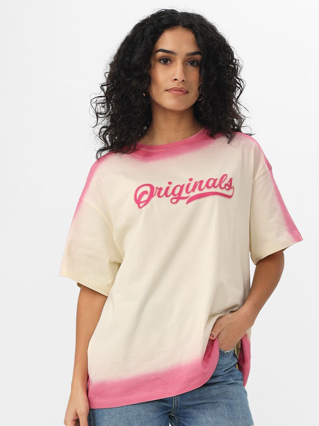 

The Souled Store Women Cotton Oversized Typography Printed Round Neck T-Shirt Cream