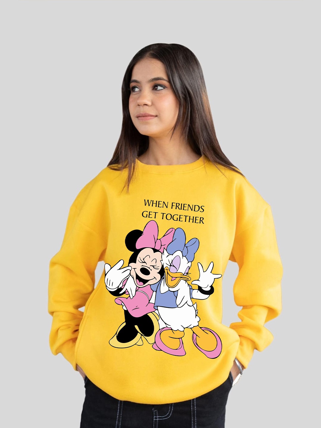 

RAYACLOSET Women Printed Oversized Sweatshirt, Yellow