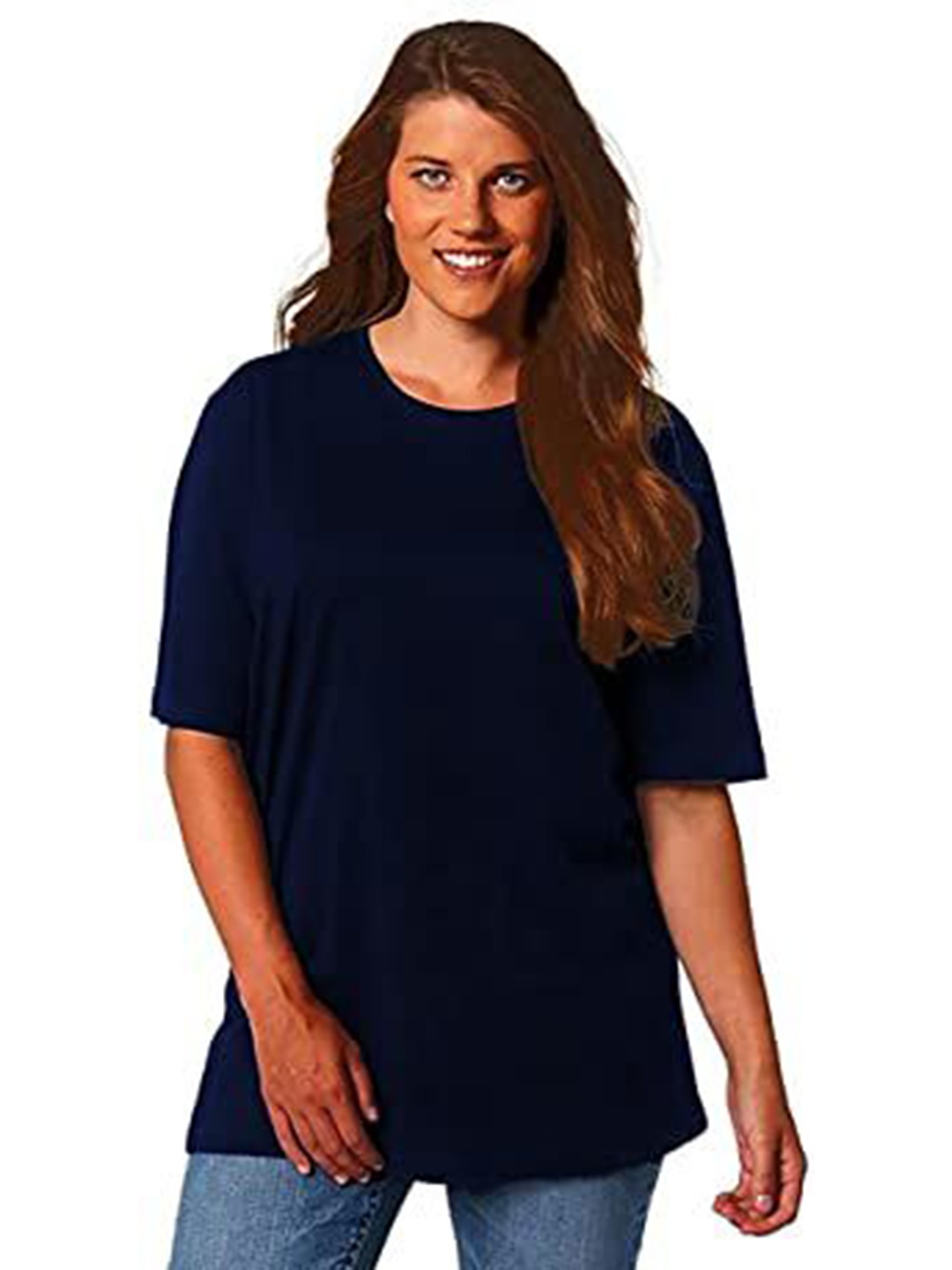 

NOTWILD Women Solid Round Neck Cotton Oversized T-shirt, Navy blue