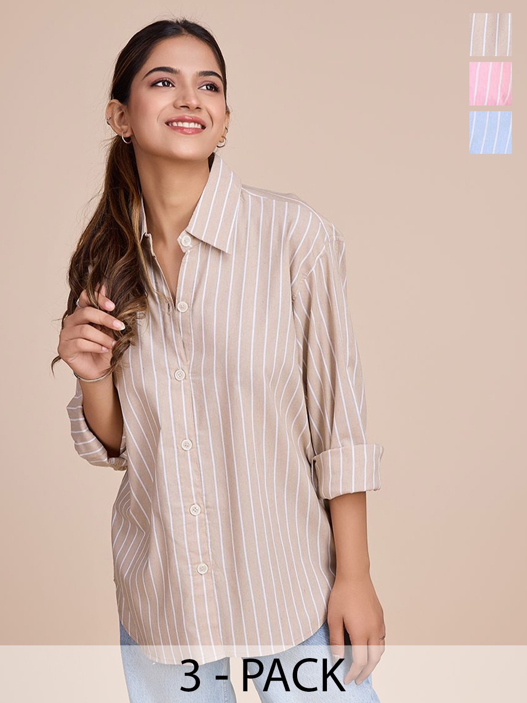 

HOUSE OF MIRA Women Pack Of 3 Classic Oversized Fit Vertical Striped Cotton Casual Shirts, Beige