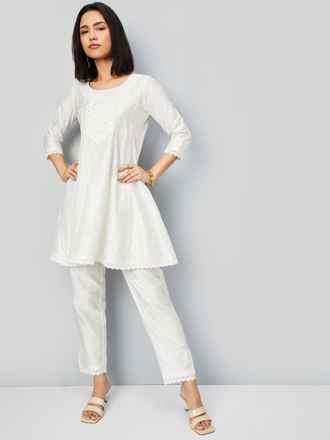 

max Floral Embroidered Sequunied A-Line Kurta With Trousers, Off white