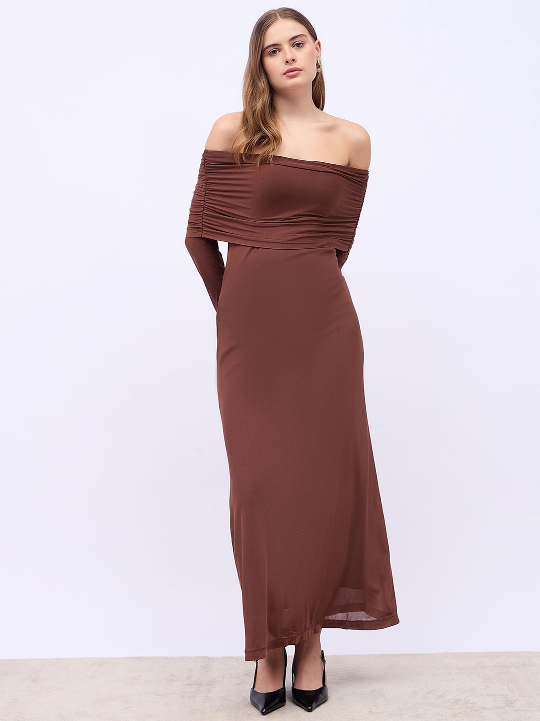 

Styli Women Off Shoulder Long Sleeves Maxi A-Line Dress, Brown