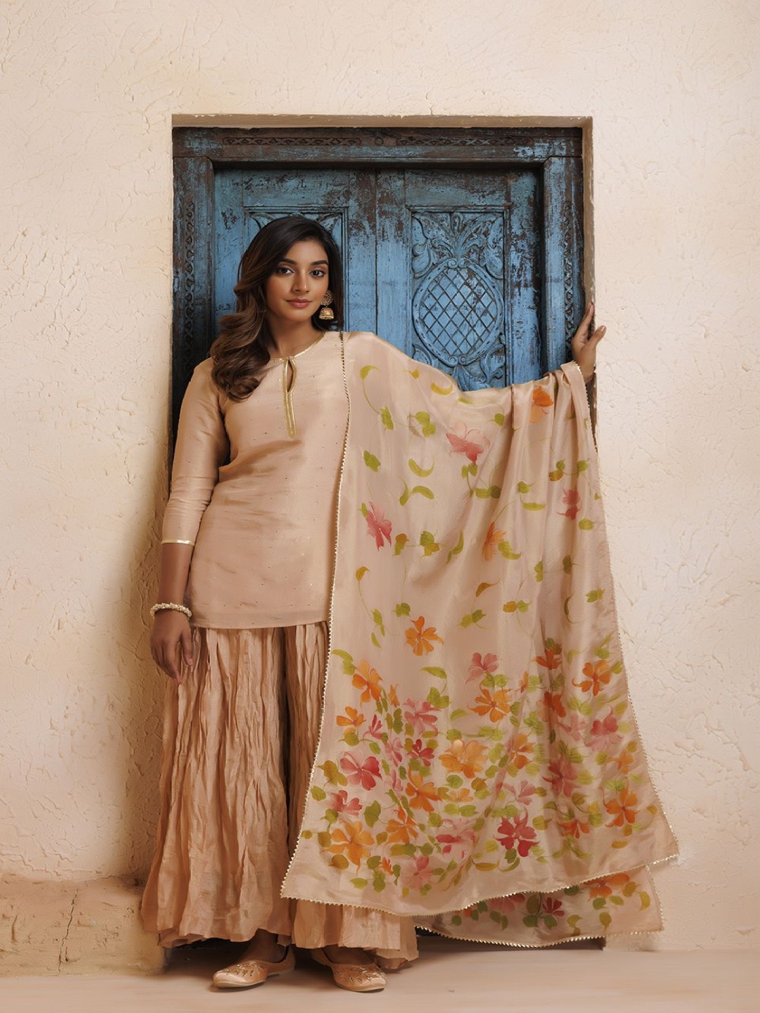 

Geroo Luxe Embroidered Sequinned Chanderi Cotton Kurti With Sharara With Dupatta, Cream