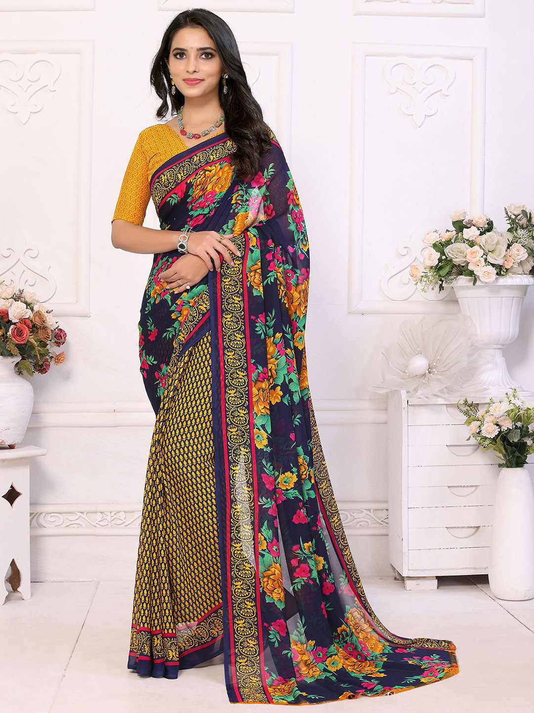 

Moda Rapido Floral Printed Saree, Gold