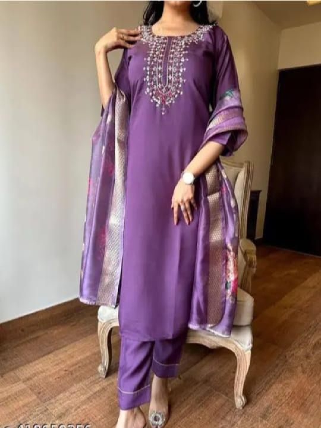 

FVD Floral Yoke Design Round Neck Chanderi Silk Straight Kurta With Trouser & Dupatta, Purple