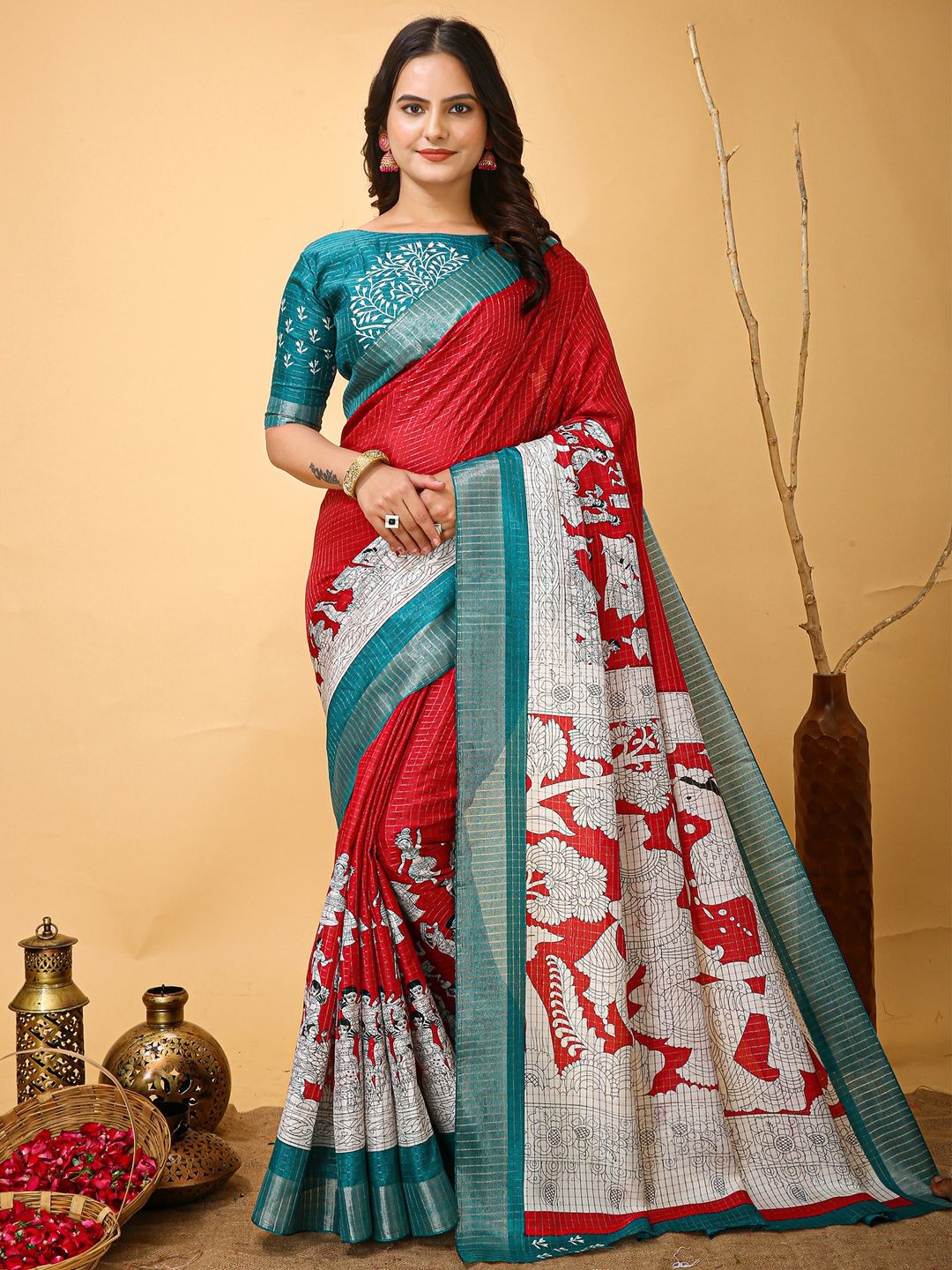 

KALINI Kalamkari Sungudi Printed Saree with Matching Blouse, Red