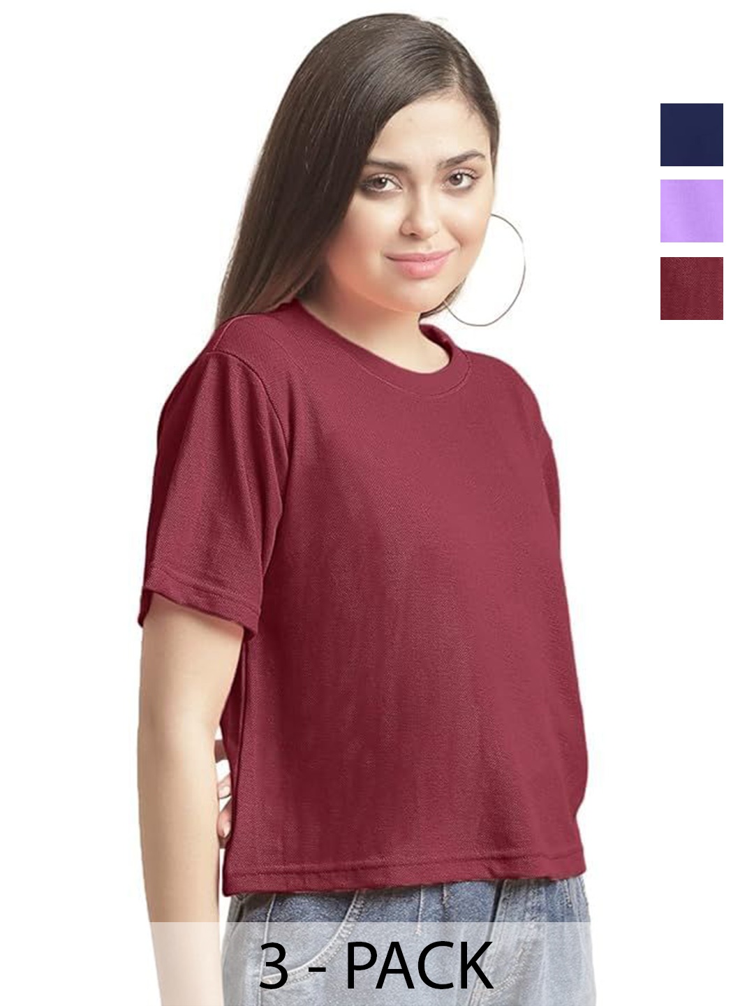 

NOTWILD Women Pack Of 3 Solid Round Neck Cotton T-shirts, Lavender