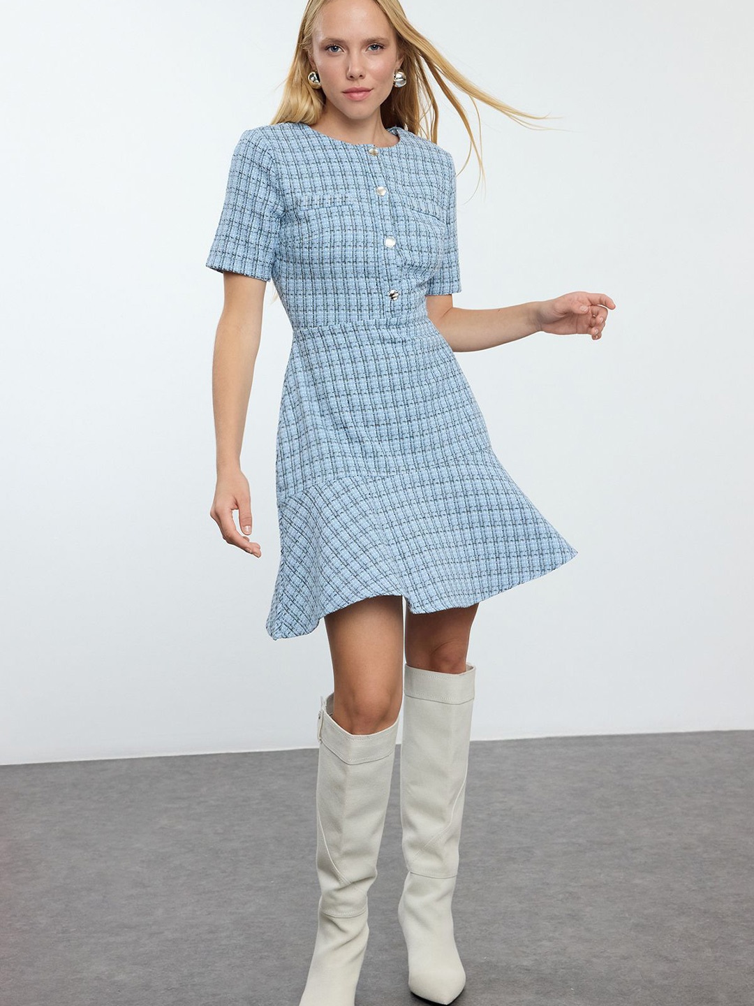 

Trendyol Women Checked A-Line Dress, Blue