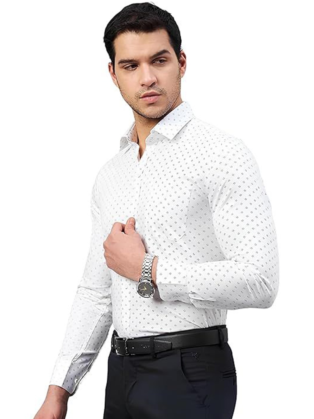 

BAESD Men Classic Slim Fit Spread Collar Geometric Printed Cotton Formal Shirt, White